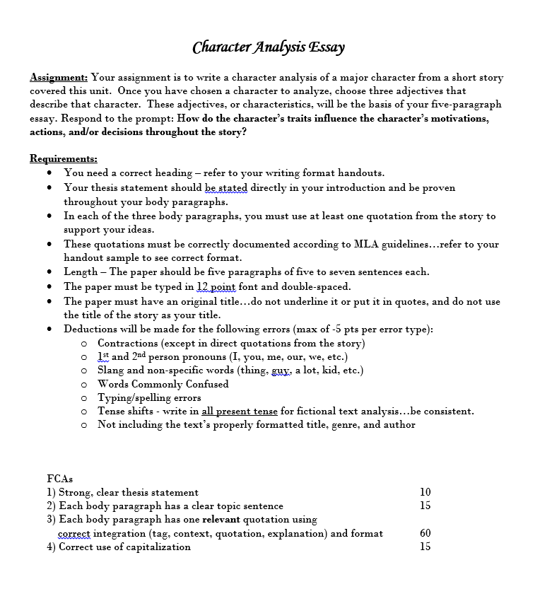character analysis essay requirements